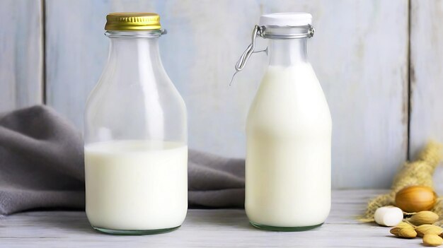 Leche de botella de vidrio en una mesa de madera rústica