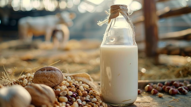 Leche en una botella de vidrio nueces y granos