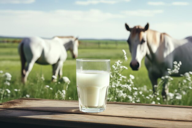 Foto la leche de caballo fresca en vaso en una mesa de madera y el paisaje borroso en el prado generativo ai