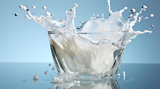 La leche cae en el vaso y sale del vaso aislado sobre fondo blanco.