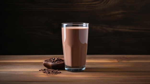 Leche con chocolate en un vaso en una mesa de madera