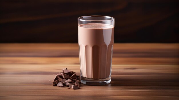 Leche de chocolate en un vaso en una mesa de madera