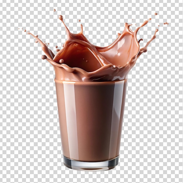 Leche de chocolate en vaso con salpicaduras aisladas sobre un fondo transparente