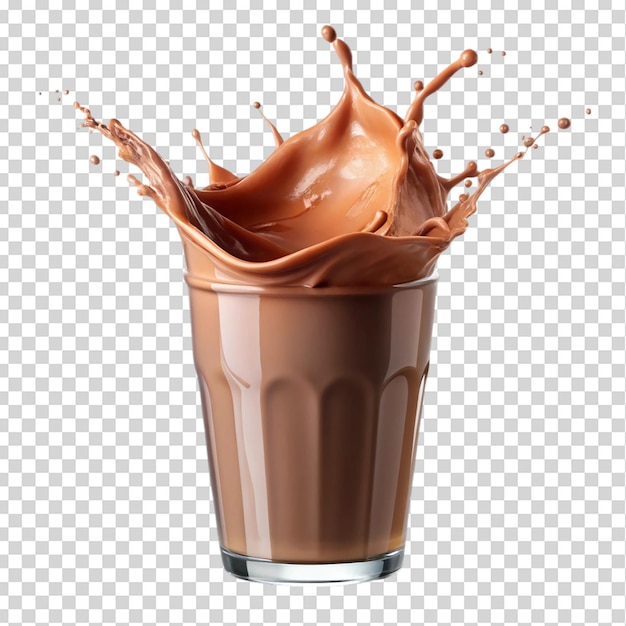 Leche de chocolate en vaso con salpicaduras aisladas sobre un fondo transparente