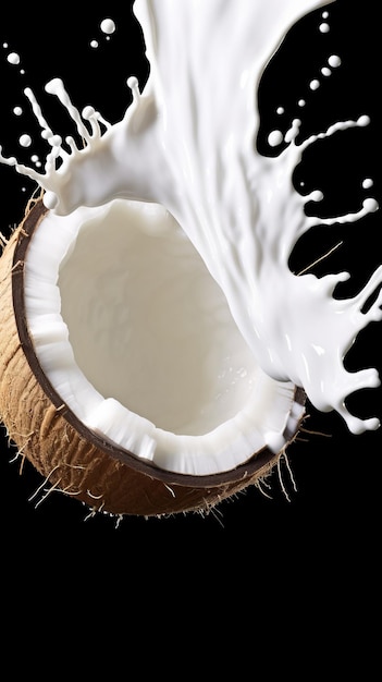 La leche de coco salpicando de un coco