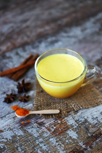 Leche de cúrcuma con especias en una taza. Leche de cúrcuma dorada. Bebida india de salud. Enfoque selectivo.