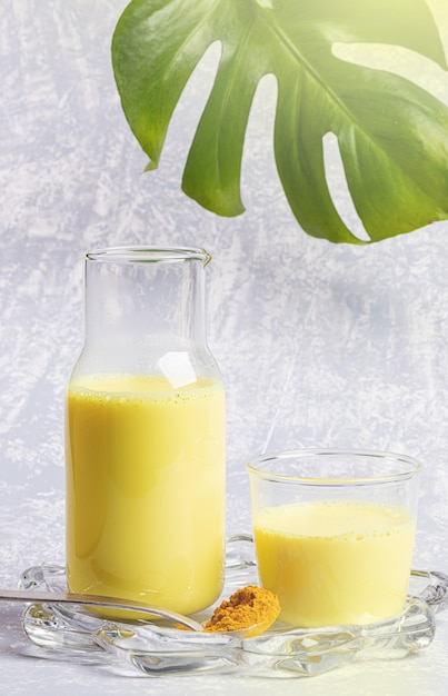 Leche de cúrcuma orgánica. Botella y vaso con leche dorada en plato transparente figurado. Fondo gris claro, hoja de monstera.