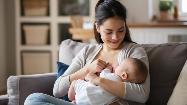 Foto leche a demanda gracias a la fotografía de una madre de una mujer joven amamantando a su adorable niña en el sofá