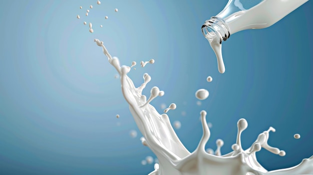 La leche se derrama y salpica de una botella de vidrio
