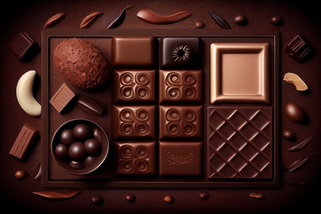 Leche de fondo de chocolate variado y vista superior de la barra de cacao oscuro Ai generativo