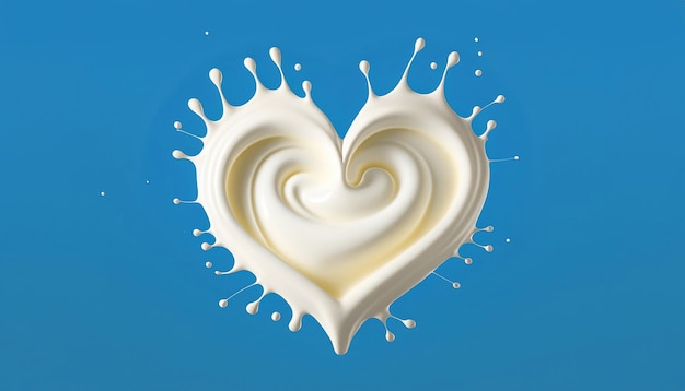 leche en forma de corazón leche salpicada leche 3d aislada sobre fondo azul con trazado de recorte