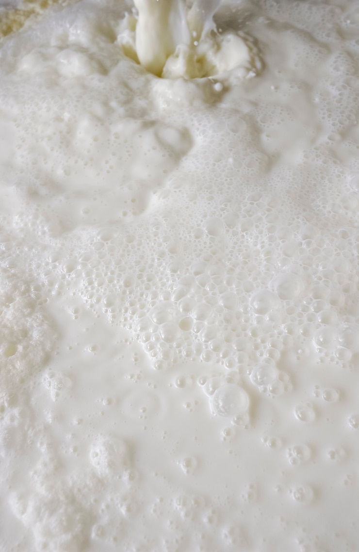 Foto leche fresca. burbujas que forman el fondo de la escena.