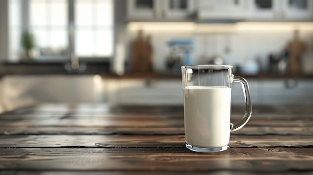 Leche fresca y jarro en una mesa de madera en el entorno de la cocina