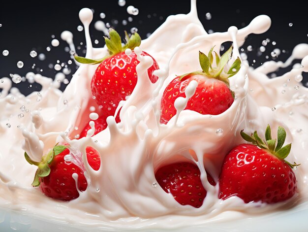 Foto leche fresca o yogur salpicado con fresas agitar en el estudio