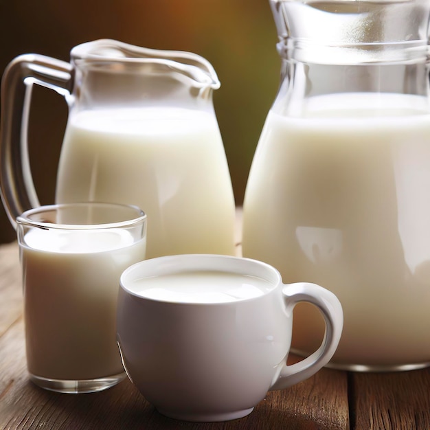 Leche fresca en una taza y una jarra sobre una mesa de madera