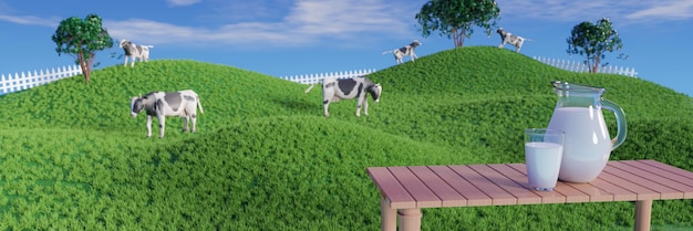 Leche fresca en vidrio transparente y jarro de leche en el suelo de tabla reflectante vacas de pastizales verdes brillantes están caminando libremente y disfrutando de comer hierba cielo azul claro con nubes blancas renderización 3D