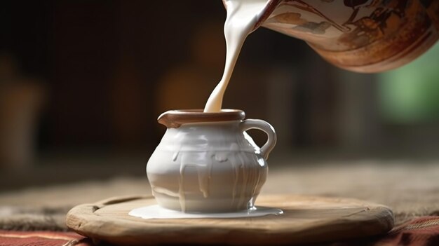 Foto la leche fresca se vierte en una tapa de arcilla ia generativa