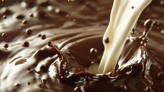La leche girando o siendo vertida creando una salpicadura de chocolate ideal para ilustrar un caliente