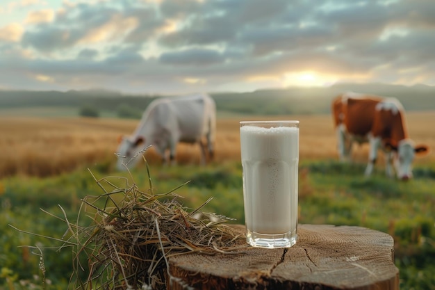 Leche con heno en la mesa de madera y vacas pastando en el prado