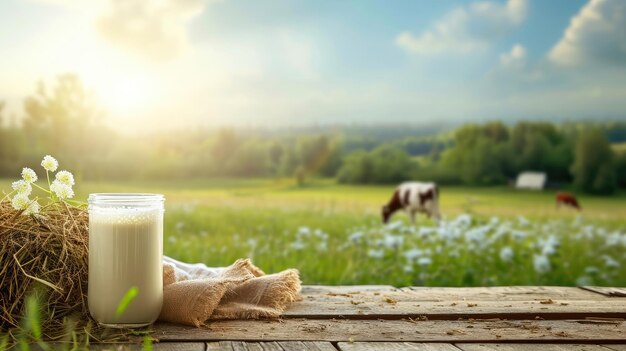 Leche con heno en la mesa de madera y vacas pastando en el prado