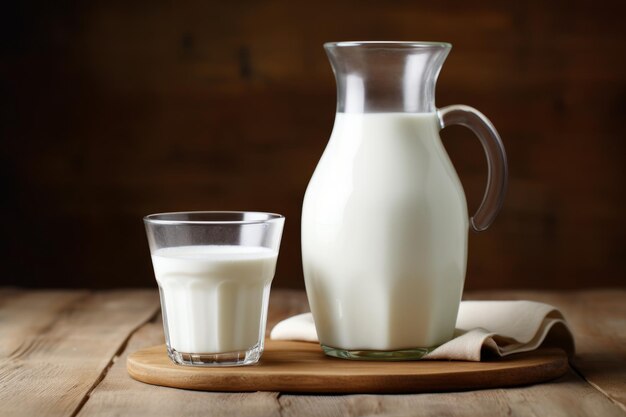 Leche en una jarra y un vaso en la mesa