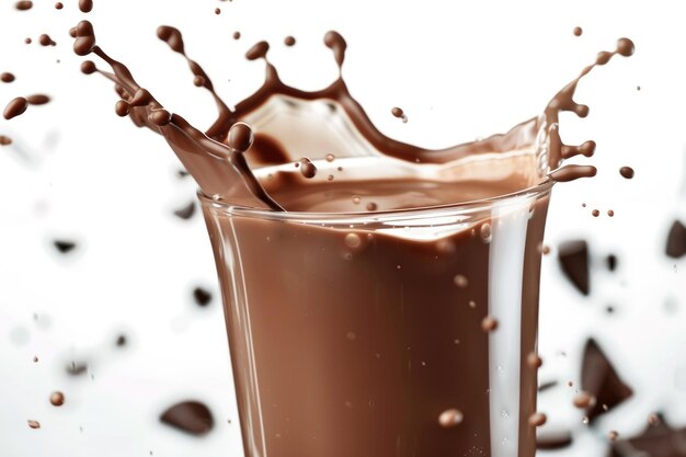 Foto leche y leche de chocolate salpicando de vidrio fondo blanco aislado