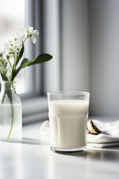 Leche de lino vegana en vaso sobre una mesa blanca IA generativa