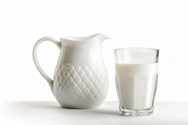 Foto leche natural entera en una jarra y un vaso aislado en un fondo blanco de primer plano