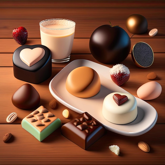 Leche oscura y chocolate blanco, bombones, trufas surtidas sobre mesa de madera