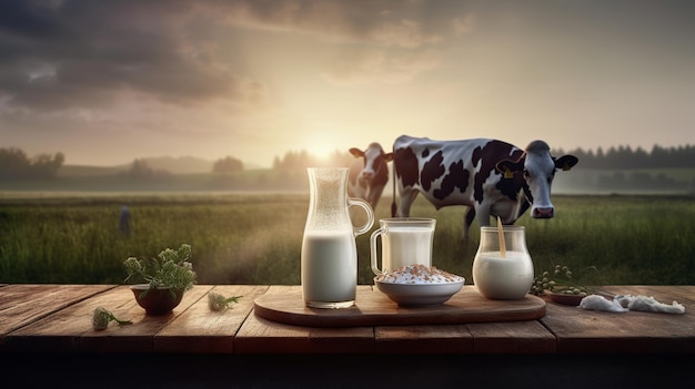 Leche y productos lácteos en una mesa de madera en el fondo de vacas en vacas de pasto