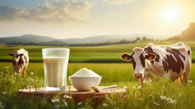 Leche y productos lácteos con el telón de fondo de un prado con vacas pastando