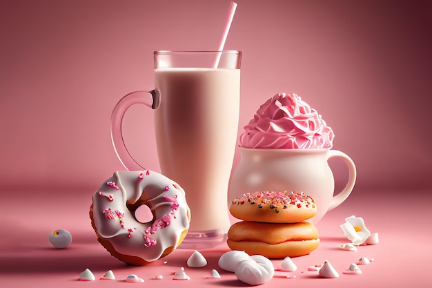 Leche y sabrosos donuts sobre fondo rosa Generative Ai