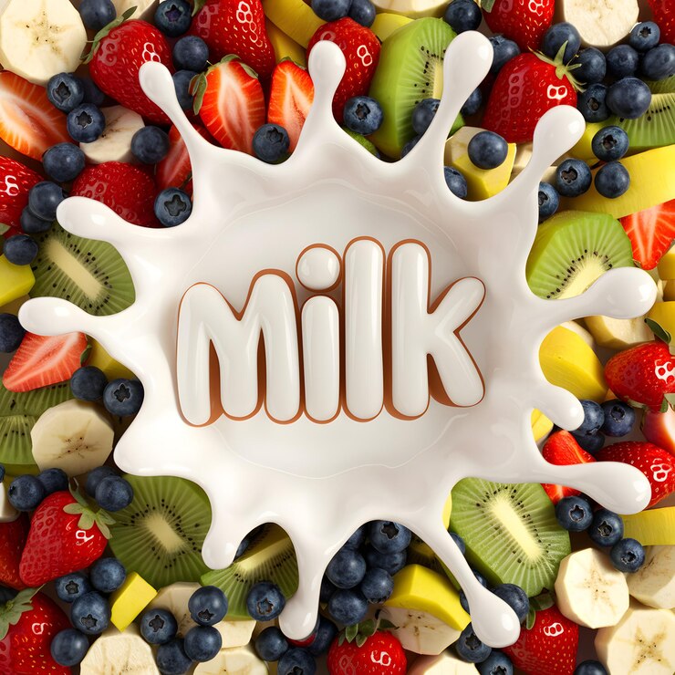Foto leche salpicada con frutas