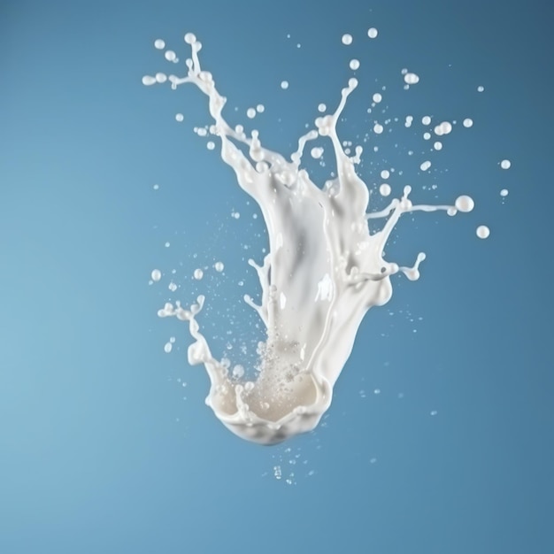 La leche salpicando sobre una superficie azul con gotas artísticas