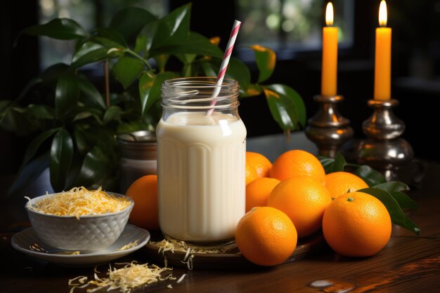 Leche sobrante en el frasco de vidrio con una IA generativa de paja naranja blanca