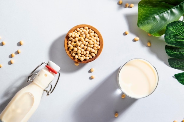 Leche de soja vegana y frijoles sobre fondo de mesa gris Concepto de leche no láctea Bebida dietética Luz dura Espacio de copia