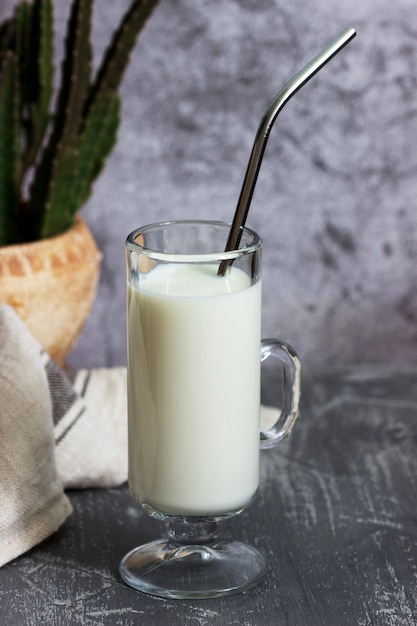 Leche en una taza de vidrio con un cóctel de paja y cactus en una mesa de hormigón.