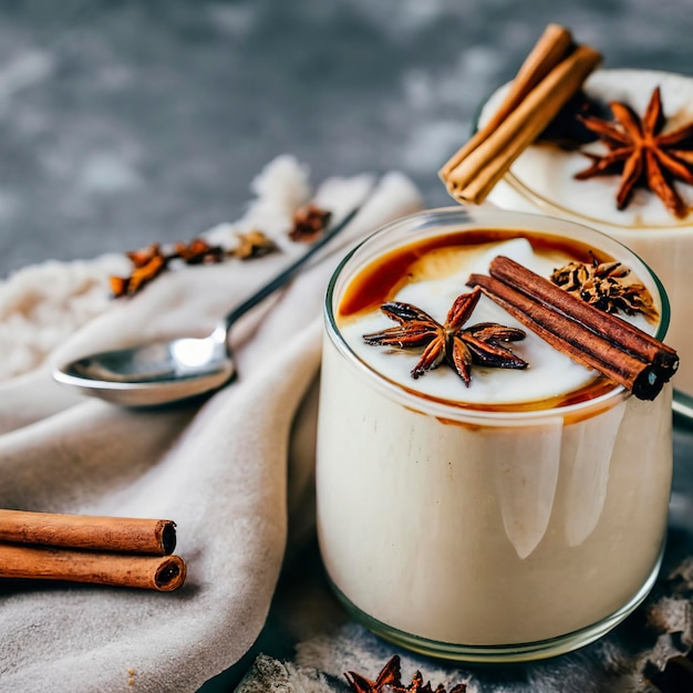 Leche tibia y espumosa con almíbar y especias de invierno.