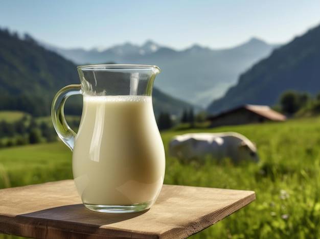 Leche de vaca fresca en un vaso y una jarra sobre hierba verde con montañas y cielo azul en el fondo