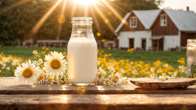 Leche de vaca de granja natural al aire libre flores