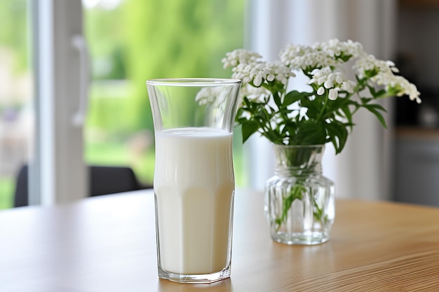 Leche en un vaso y una jarra en una mesa de madera