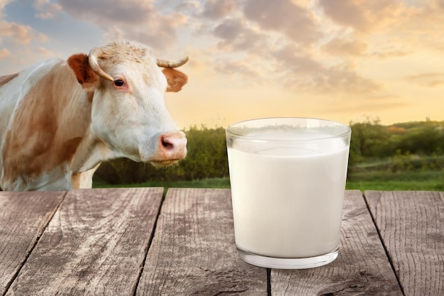 leche en vaso sobre la mesa con vaca en el prado al fondo