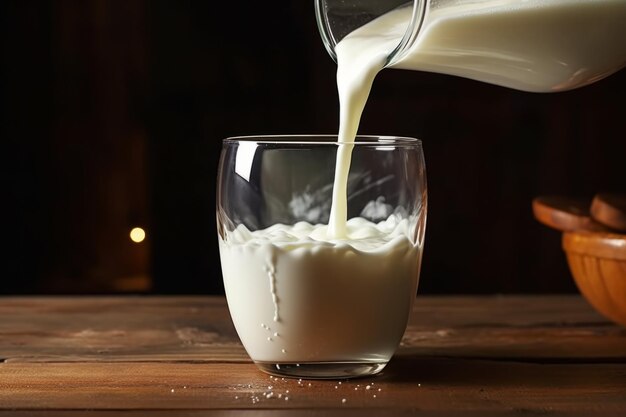 Leche vertida en vaso en una mesa de madera