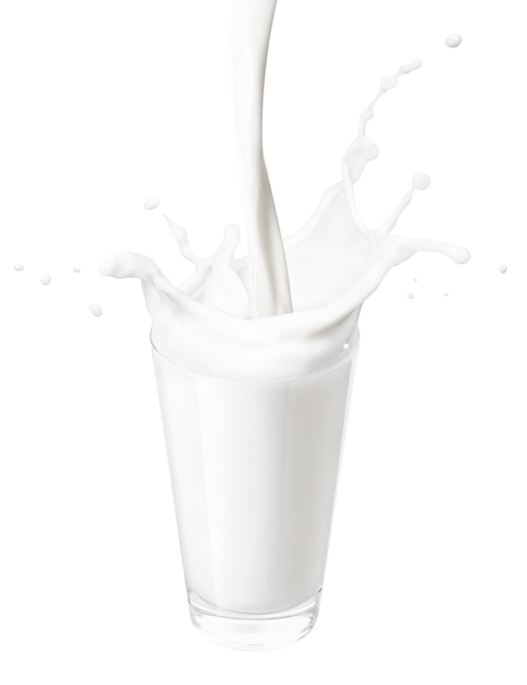 Foto leche vertida en vidrio creando salpicaduras aisladas sobre fondo blanco salpicaduras de leche vertiendo leche
