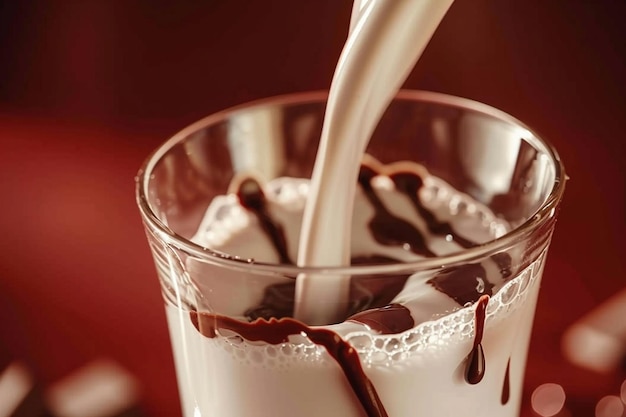 Foto la leche se vierte en un vaso con un remolino de jarabe de chocolate