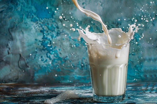 La leche se vierte en un vaso con un salpico y gotas