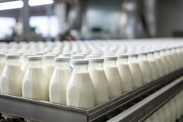 Foto leche y yogur llenando botellas de plástico en la fábrica de leche