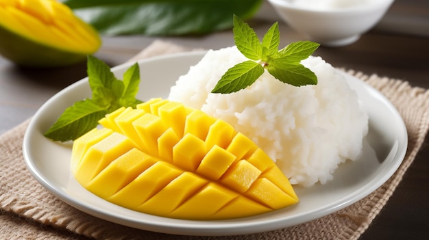 Un lecho de arroz dulce con rebanadas de mango maduro