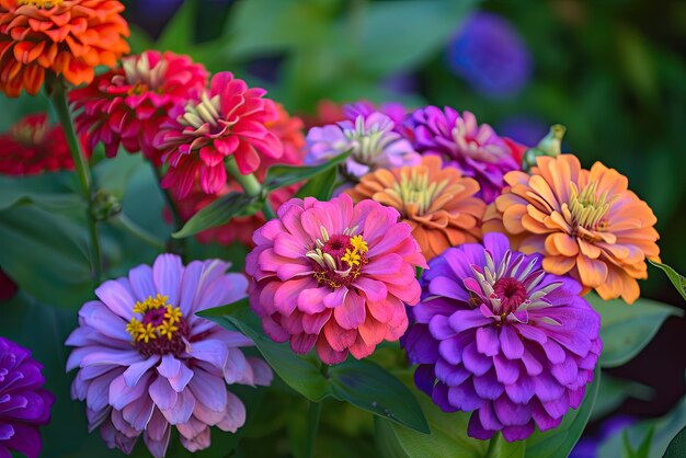 En un lecho de flores en un gran número de varias zinnias crecen y florecen