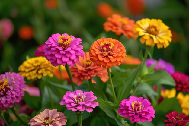 En un lecho de flores en un gran número de varias zinnias crecen y florecen